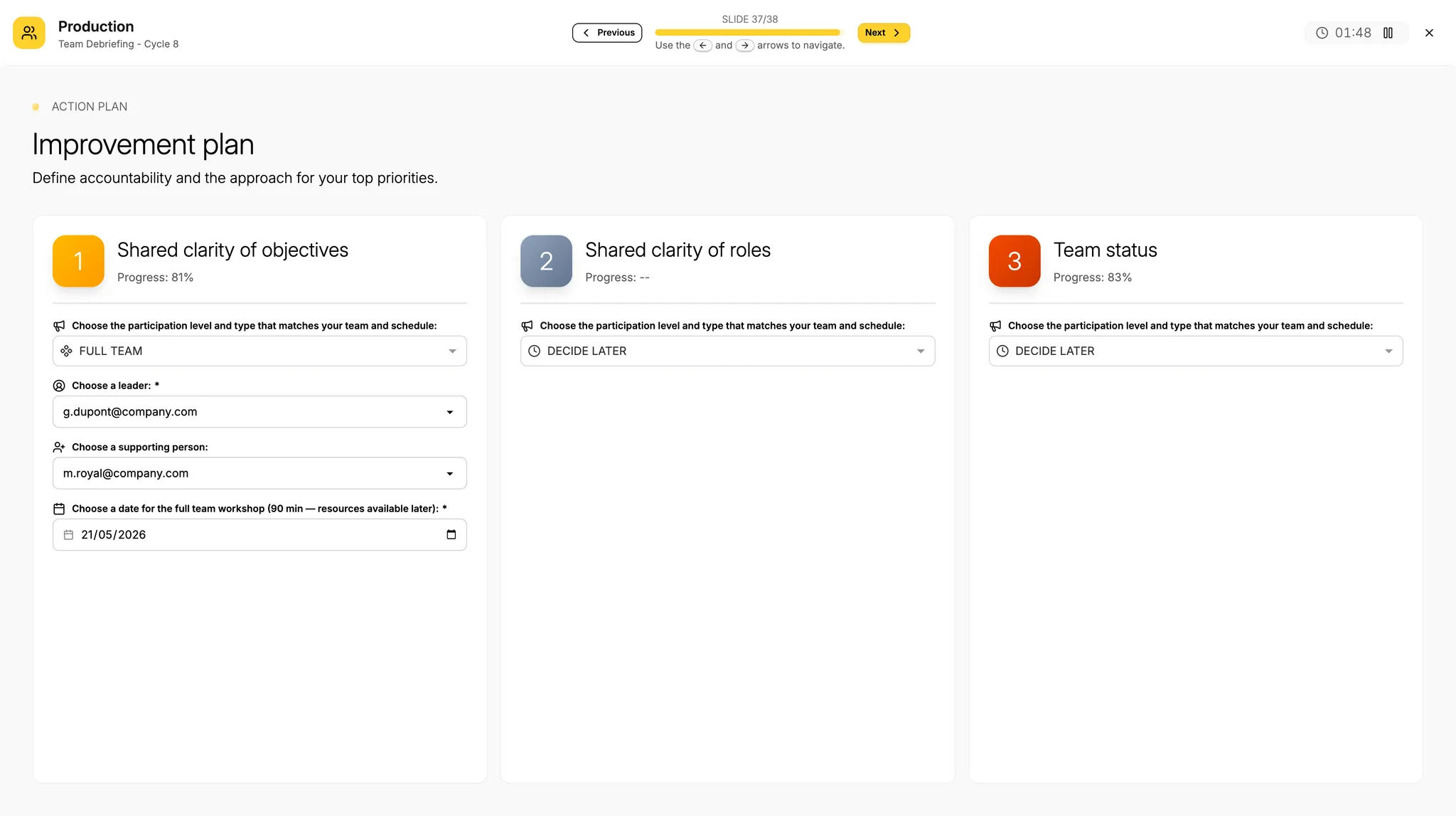 Interface de planification : facteurs votés avec un porteur, des personnes en soutien et un temps dédié pour agir