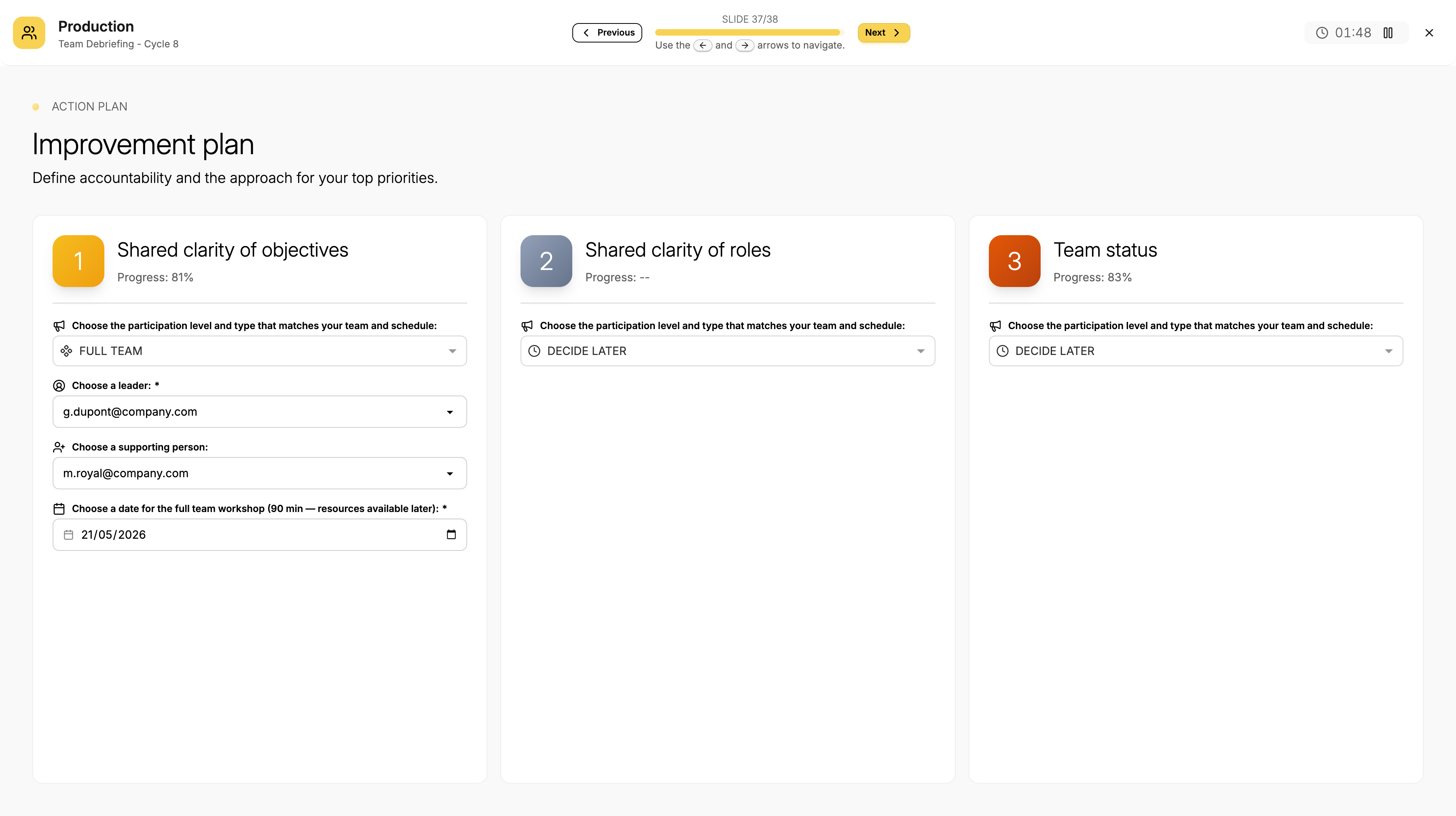Planning interface: upvoted factors with an owner, supporting members, and a dedicated time to act