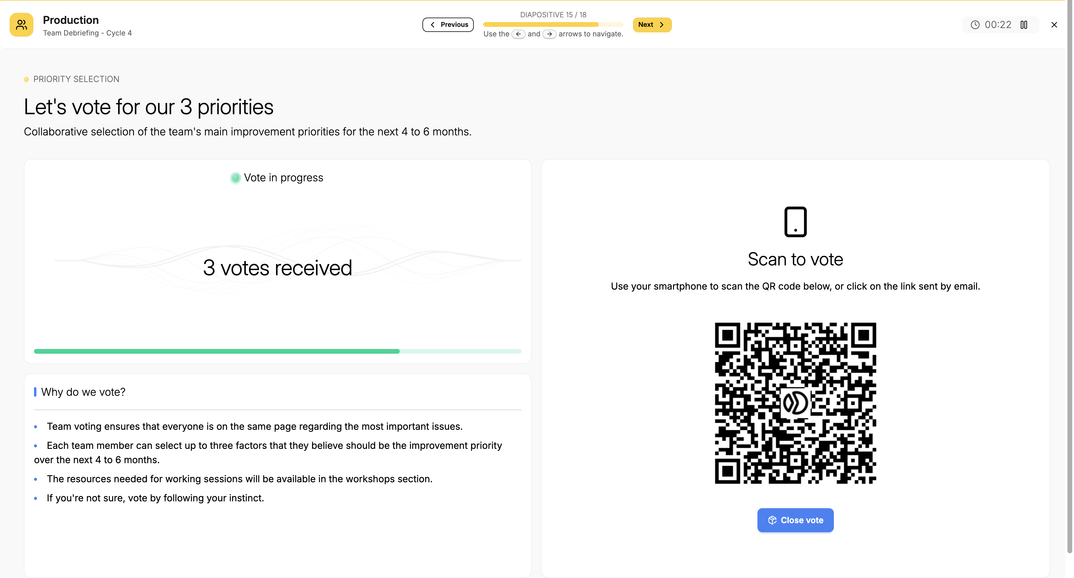 Online voting interface: team members vote on which factors to prioritize